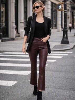 Joe’s Jeans Burgundy Coated Jeans NYC Street Style High Rise Straight Leg
